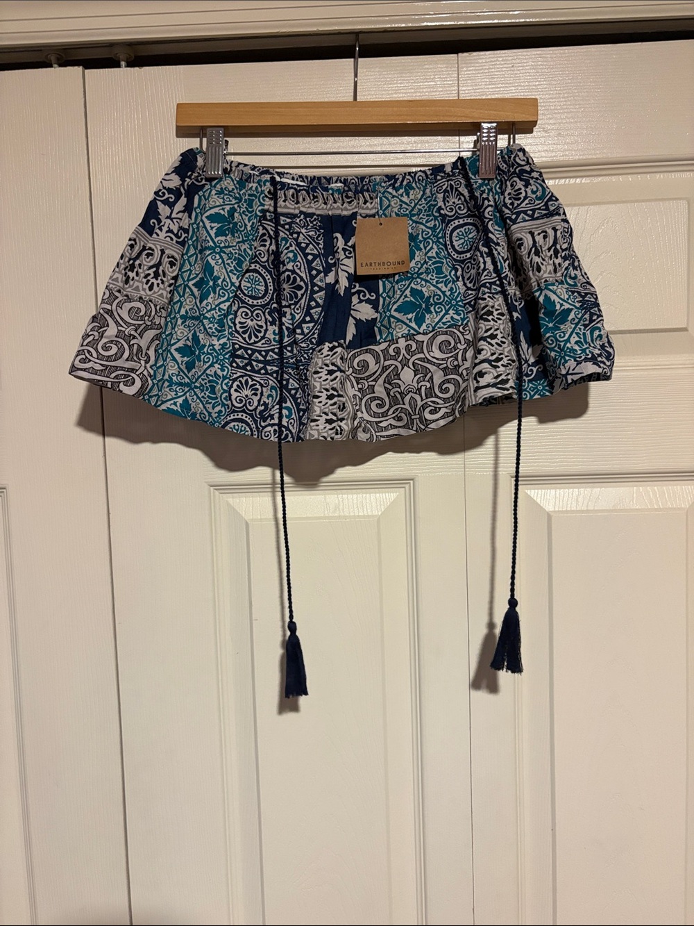 EARTHBOUND Navy & Teal Patchwork Tassel Mini Skirt